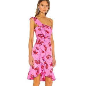 LIKELY LOIS DRESS PINK RED RUFFLE ONE SHOULDER